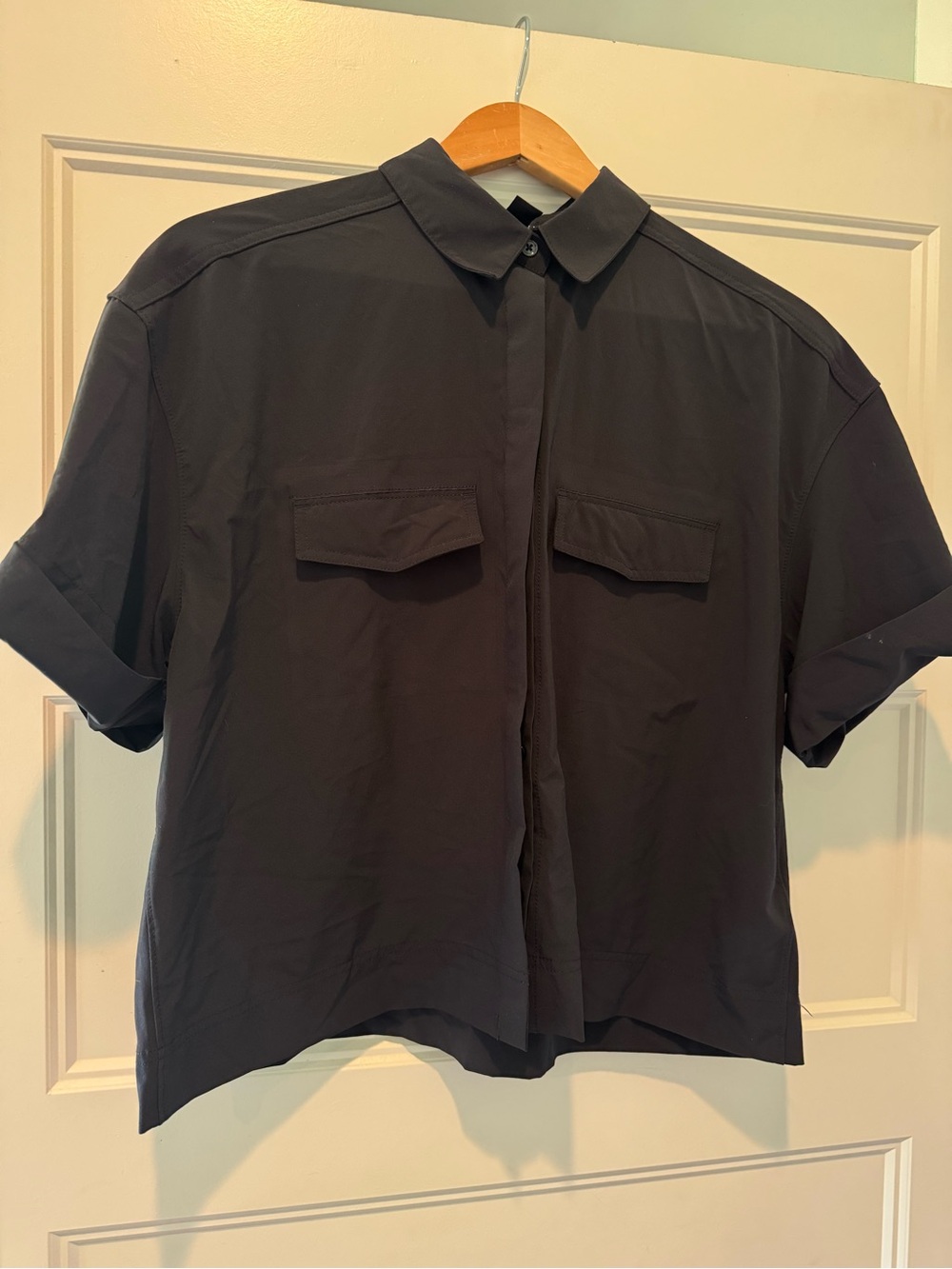 Athleta Short-Sleeve Button-Front Boxy Top in Charcoal